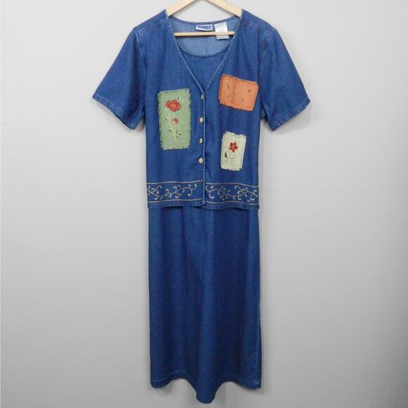 Vintage Erika Denim Patchwork Dress Size L Button Front Cottagecore Rustic Artsy - Picture 1 of 11